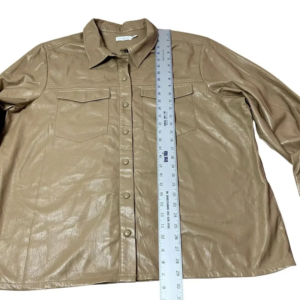 Good American Faux Leather Shirt Jacket Tan‎ Womens 7 Snap Front Overshirt